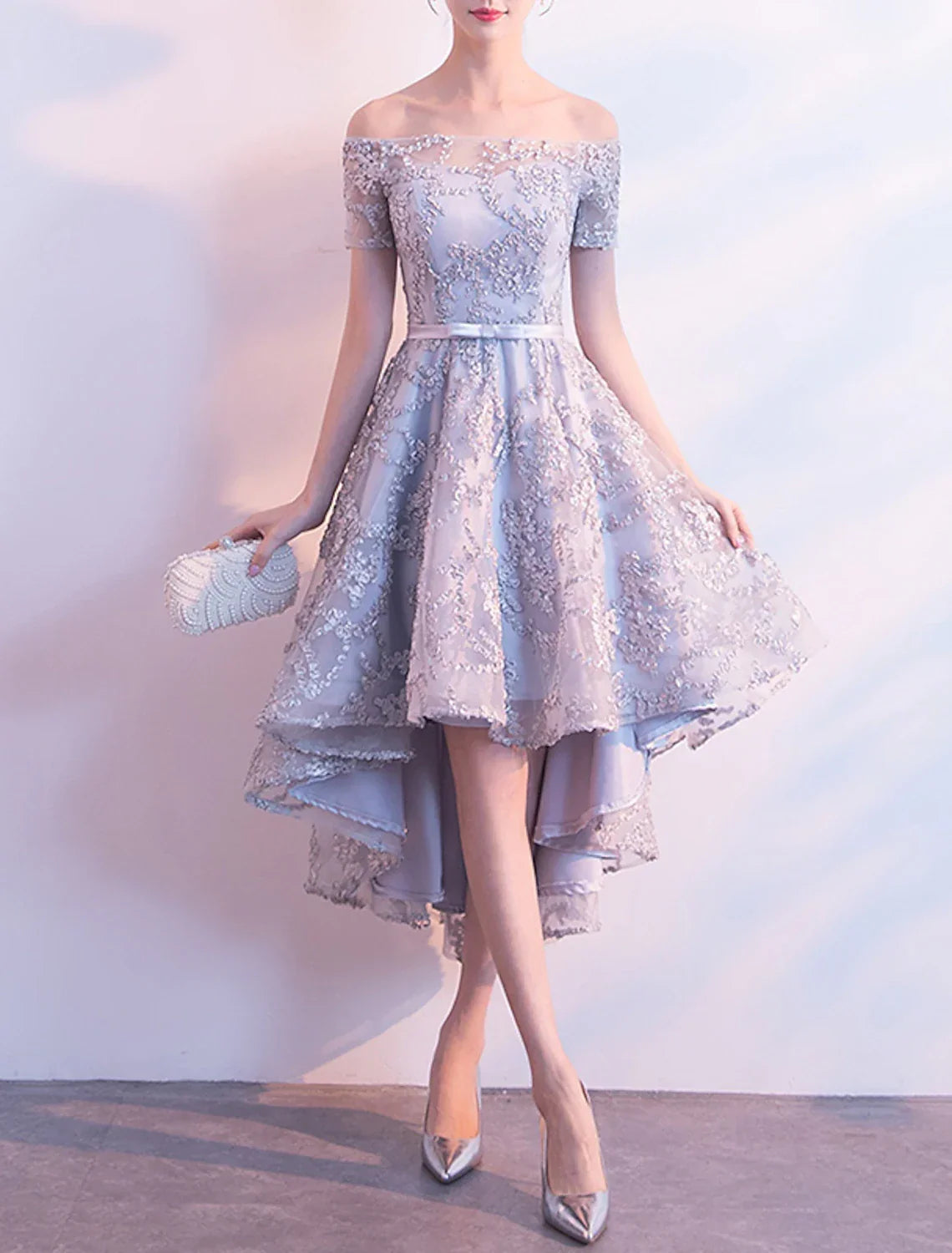 Cocktail Dresses Minimalist Dress Homecoming Party Wear Asymmetrical Short Sleeve Off Shoulder with Bow(s) Pleats