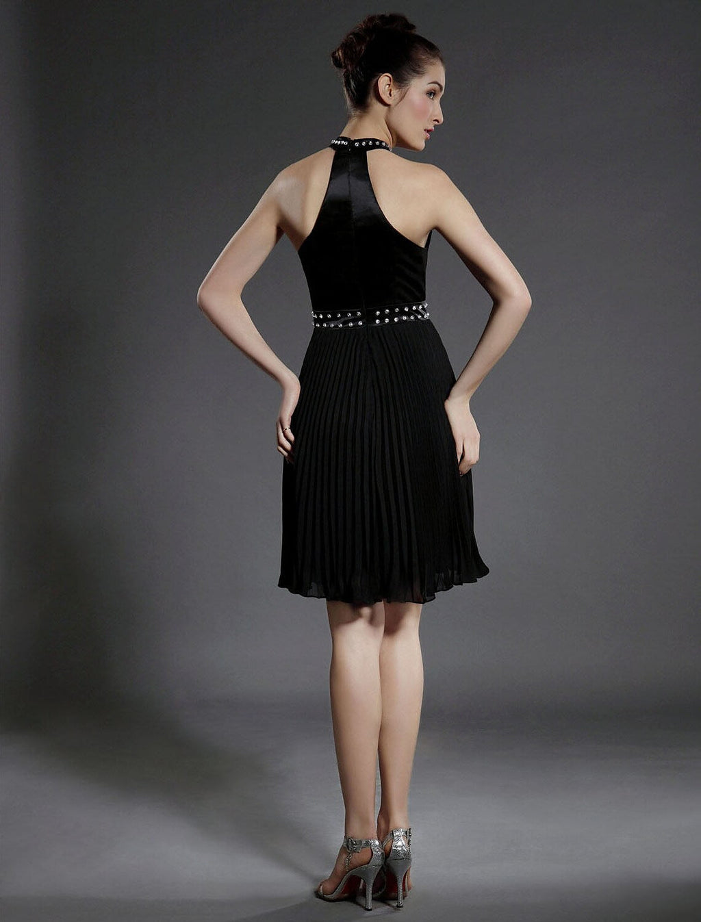 Black Little Dress Dress Holiday Knee Length Sleeveless High Neck with Pleats Beading