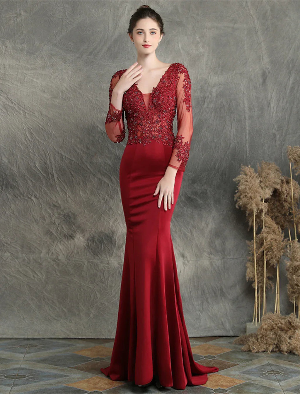 Long Sleeve V Neck Blend with Beading Appliques