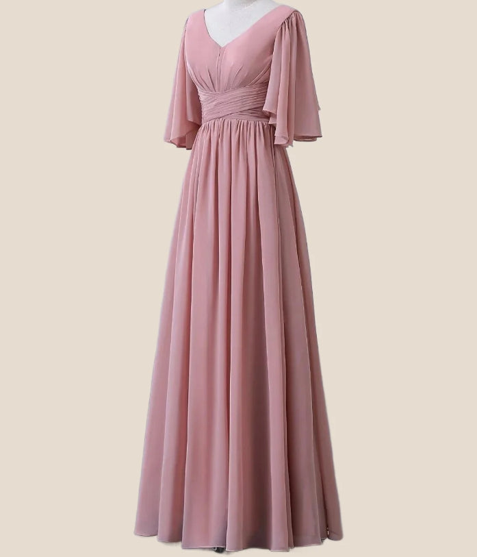 Bridesmaid Dress V Neck Half Sleeve Elegant Floor Length with Pleats / Ruffles