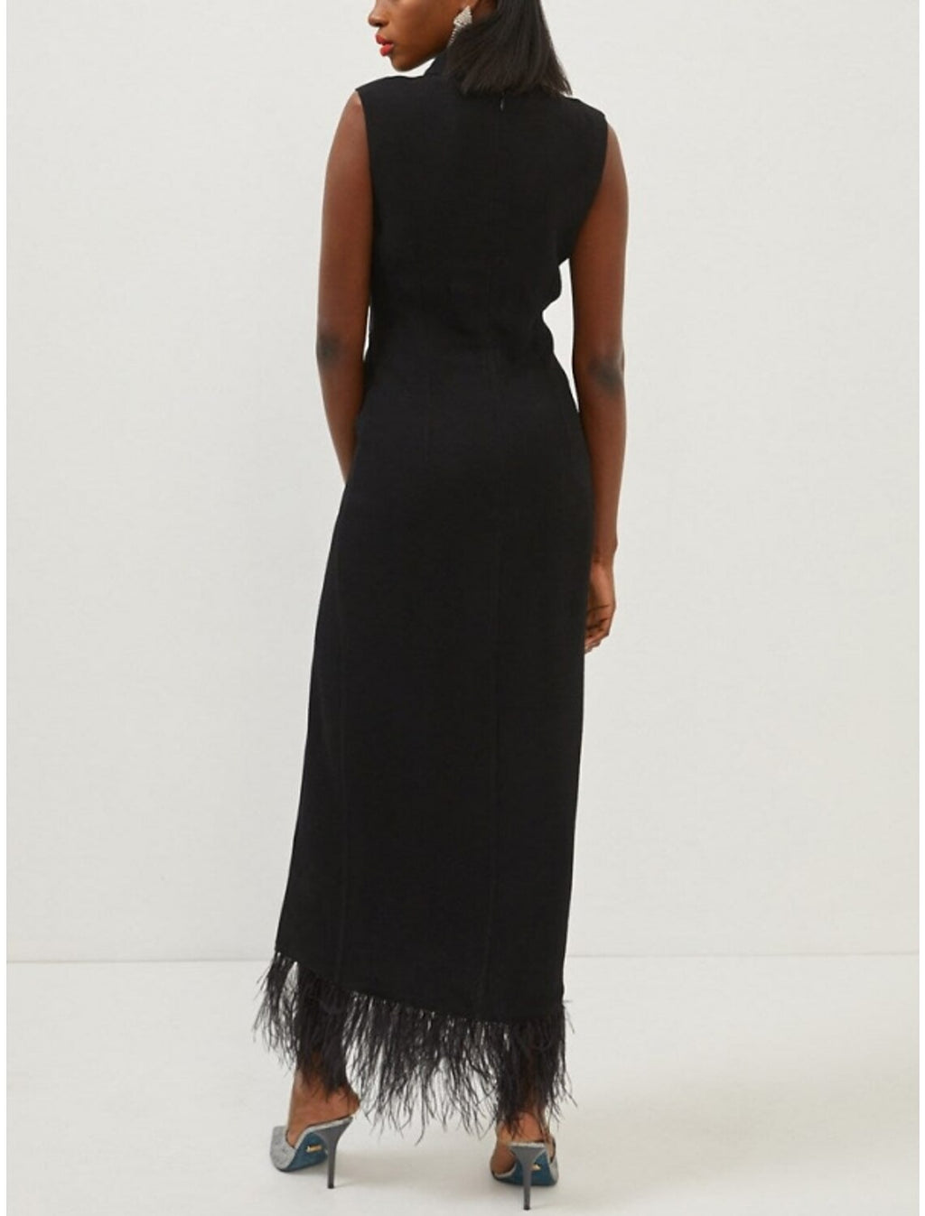 Black Sheath / Column Evening Gown Dress Elegant Dress Formal Ankle Length Sleeveless High Neck Fabric with Feather Slit