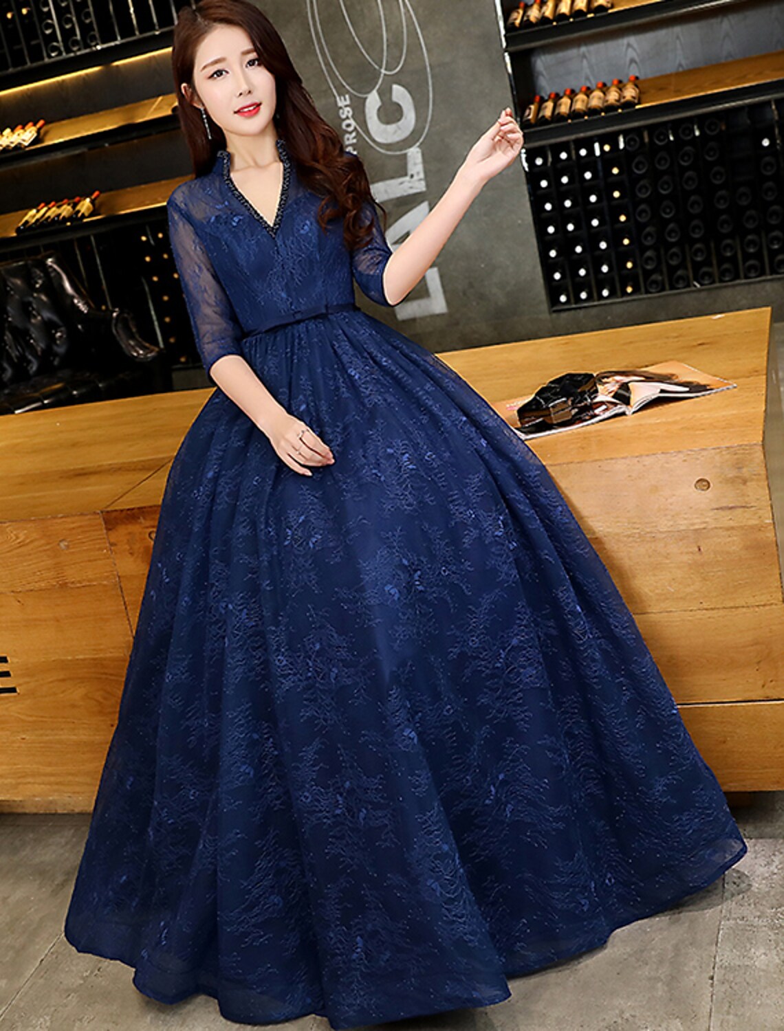 Evening Gown Beautiful Back Dress Wedding Guest Floor Length Half Sleeve V Neck with Beading Prom Dresses