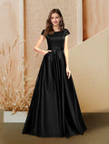 Evening Gown Dress Wedding Floor Length Short Sleeve Beading Pocket