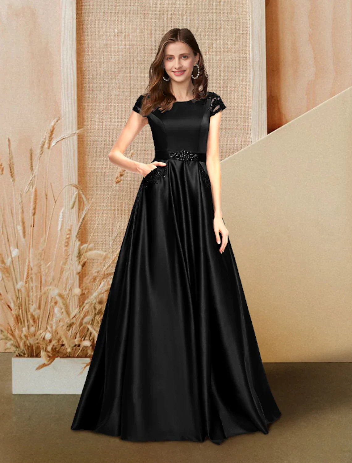 Evening Gown Dress Wedding Floor Length Short Sleeve Beading Pocket