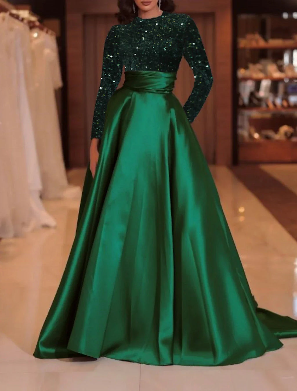 Green Evening Gown Sparkle Christmas Red Dress Formal Cocktail Party Court Train Long Sleeve High Neck Fall Wedding Guest