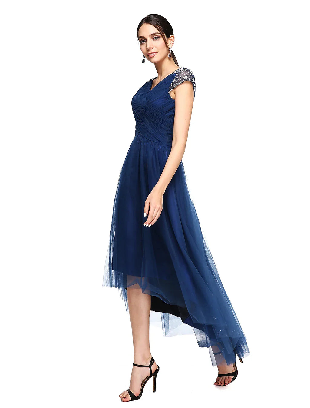 Special Occasion Dresses Open Back Dress Wedding Guest Asymmetrical Short Sleeve V Neck with Criss Cross Beading