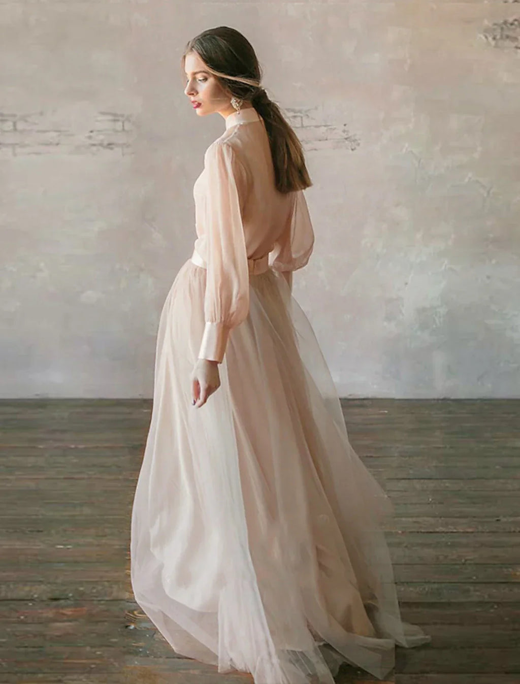 Two Piece Empire Minimalist Wedding Guest Formal Evening Birthday Dress Stand Collar Long Sleeve Floor Length with Tier