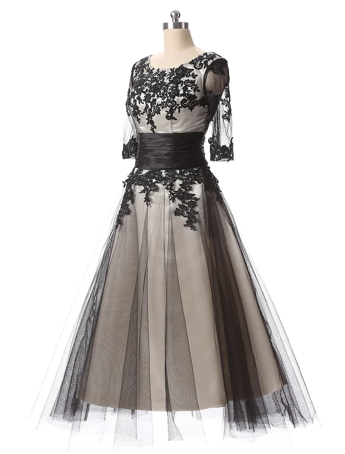 Evening Gown Dress Wedding Guest Ankle Length Half Sleeve Neck with Appliques