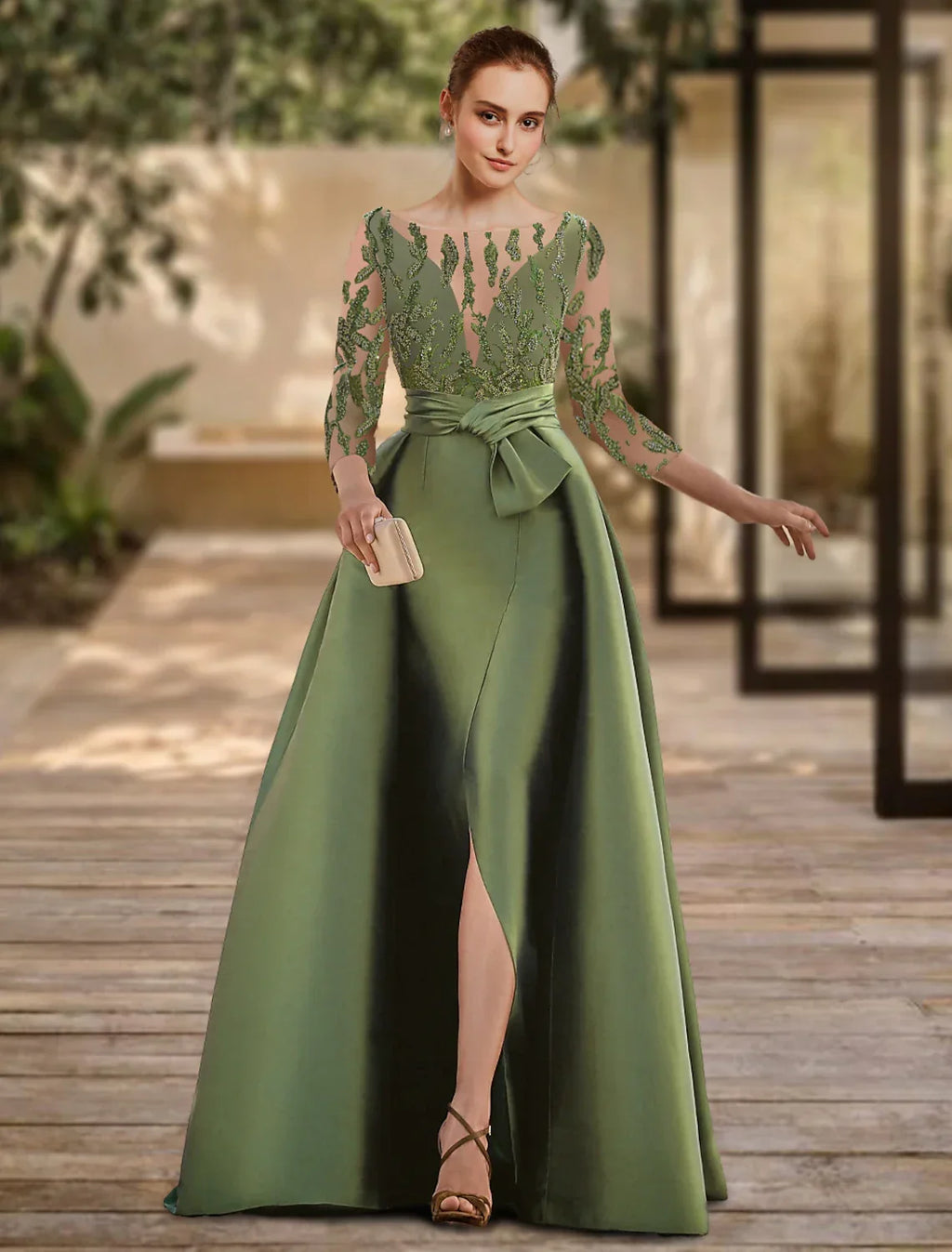 Evening Gown Open Back Dress Formal Wedding Guest Floor Length 3/4 Length Sleeve Scoop Neck with Slit Strappy