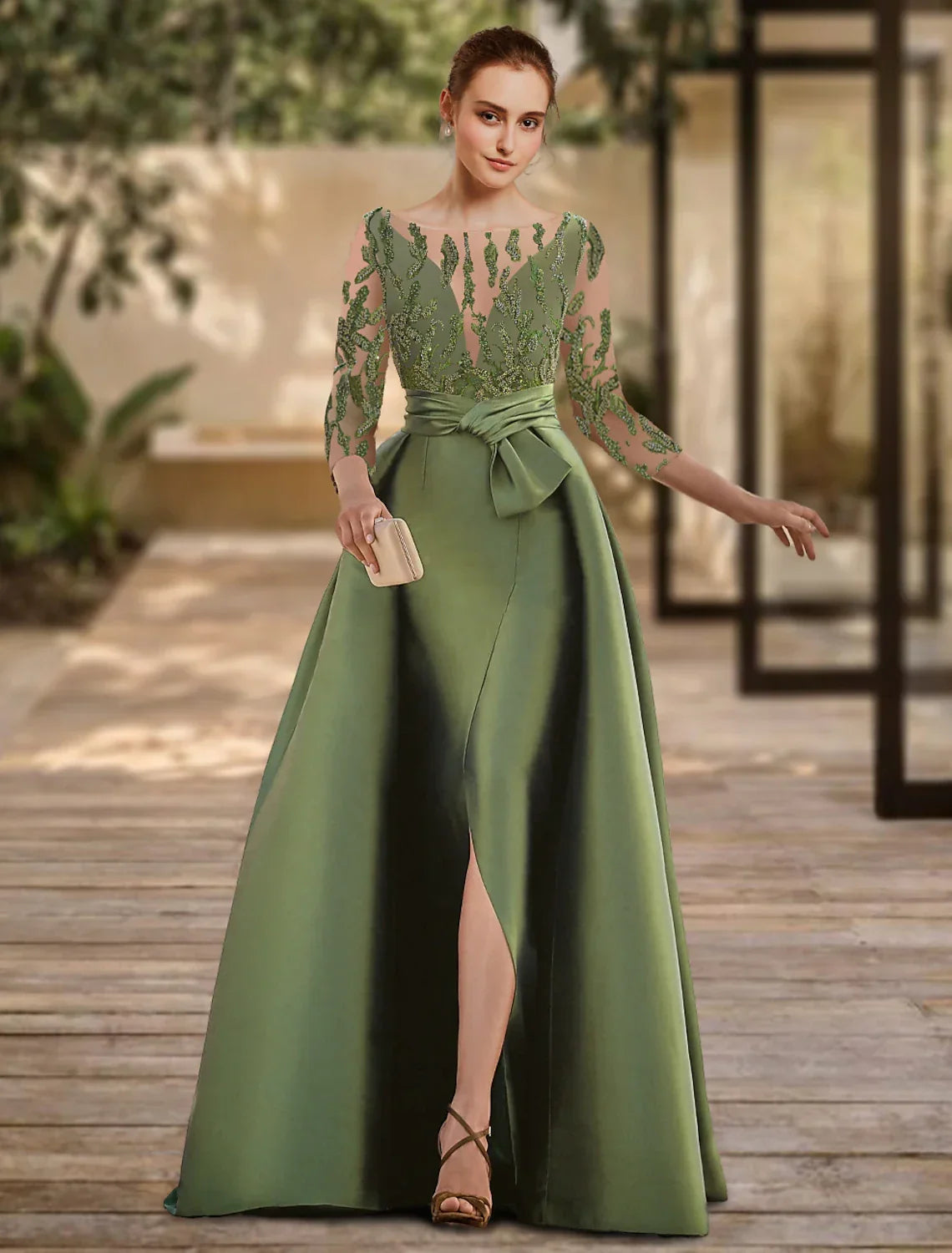 Evening Gown Open Back Dress Formal Wedding Guest Floor Length 3/4 Length Sleeve Scoop Neck with Slit Strappy