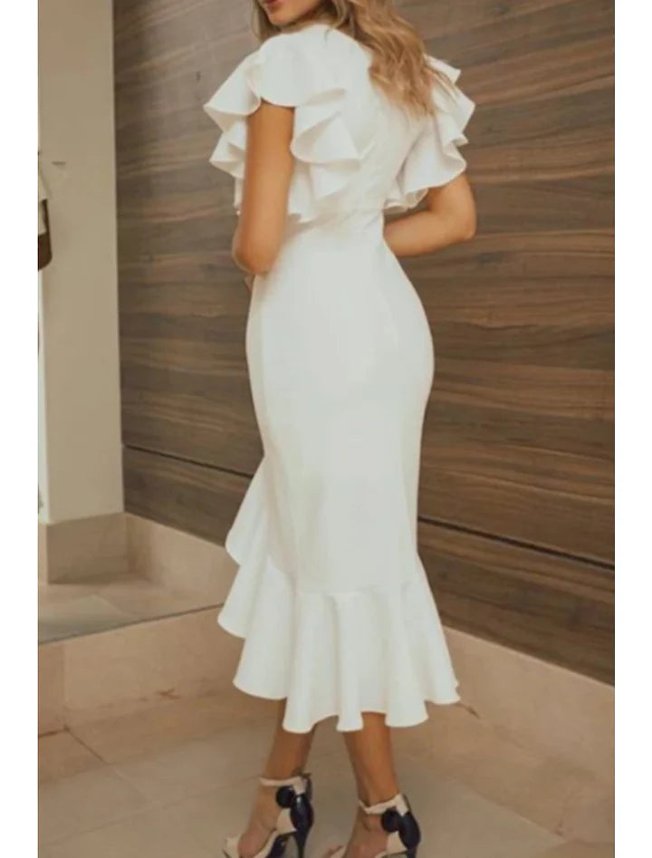 White Mermaid V-Neck Ruffle Sleeve Midi Prom Dress
