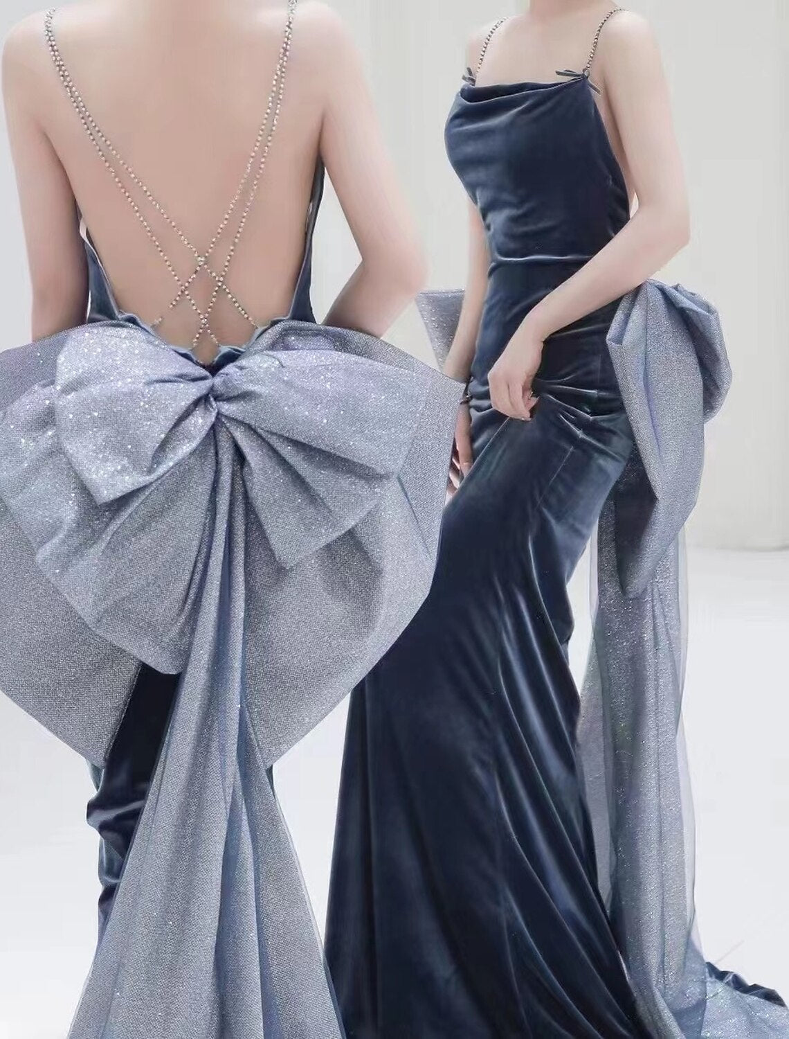 Celebrity Style Elegant Engagement Prom Dress Spaghetti Strap Long Sleeve Sweep / Brush Train with Bow(s) Crystals