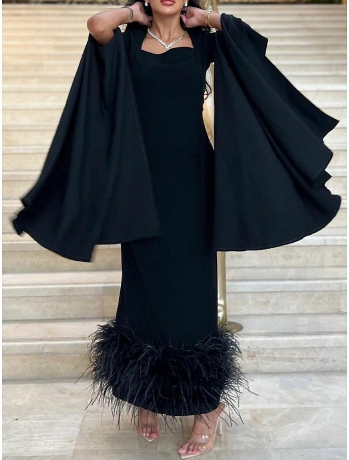 Black Sheath Dress Plus Size Evening Gown Elegant Dress Formal Ankle Length Long Sleeve Square Neck Fabric with Feather