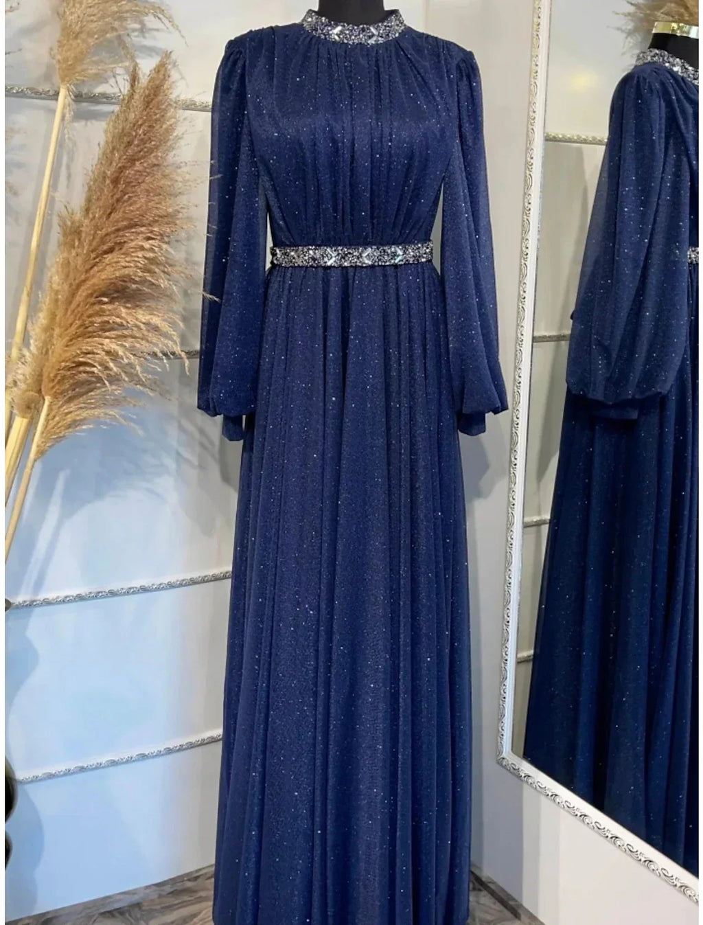 Evening Gown Elegant Dress Formal Floor Length Long Sleeve Jewel Neck Lurex Fabric with Rhinestone Pleats