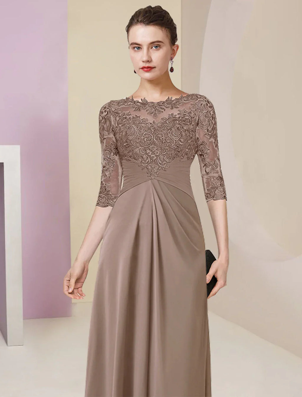 Sheath / Column Mother of the Bride Dress Simple Elegant Jewel Neck Floor Length Half Sleeve with Pleats Solid Color