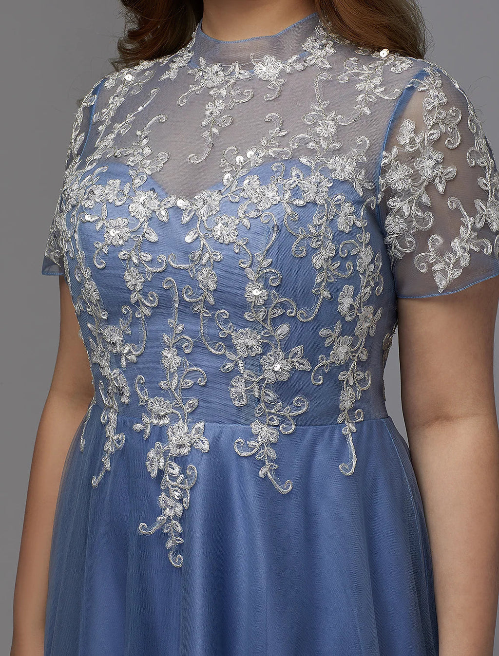 Plus Size Dress Wedding Guest Floor Length Short Sleeve High Neck Lace-up with Appliques