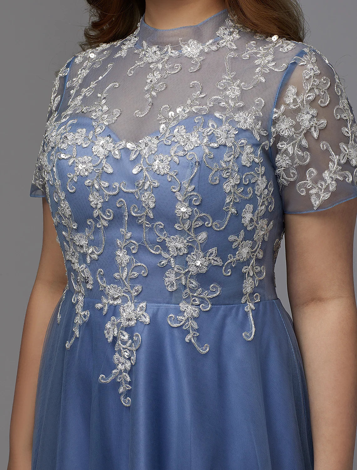 Plus Size Dress Wedding Guest Floor Length Short Sleeve High Neck Lace-up with Appliques