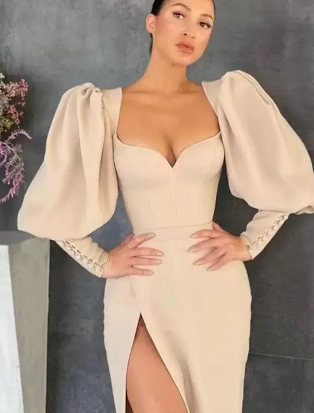Mermaid / Trumpet Sheath / Column Cocktail Dresses Sexy Dress Party Wear Wedding Guest Floor Length Long Sleeve Sweetheart Fabric Ladder Back with Buttons