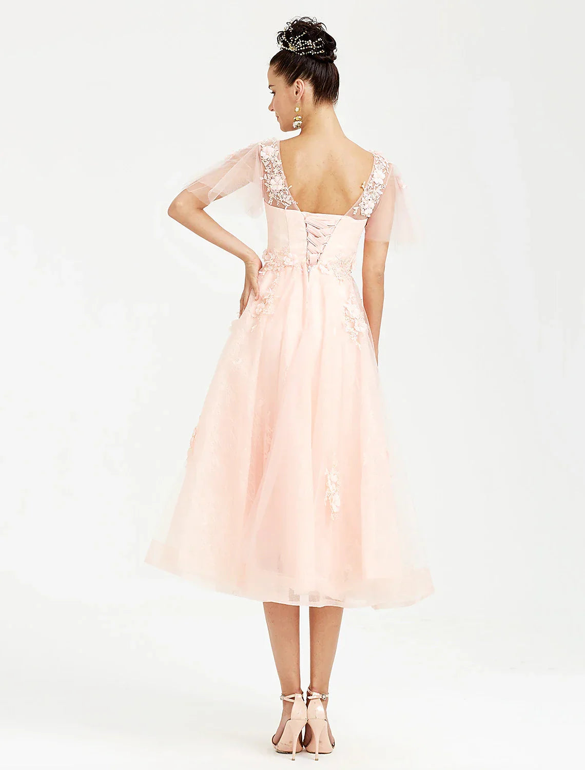 Wedding Guest Tea Length Short Sleeve V Neck with Appliques