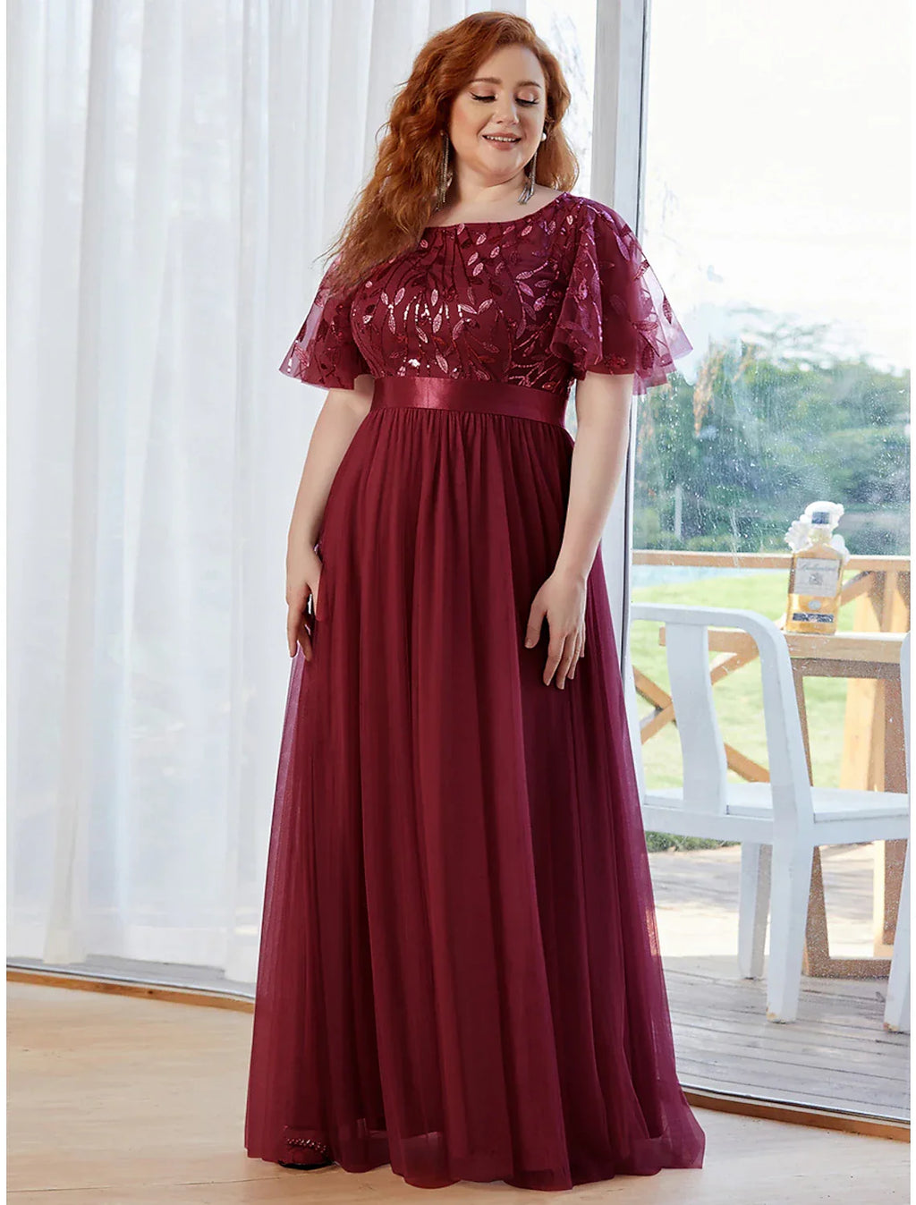 Vintage Dress Prom Floor Length Short Sleeve Jewel Neck with Ruffles Appliques