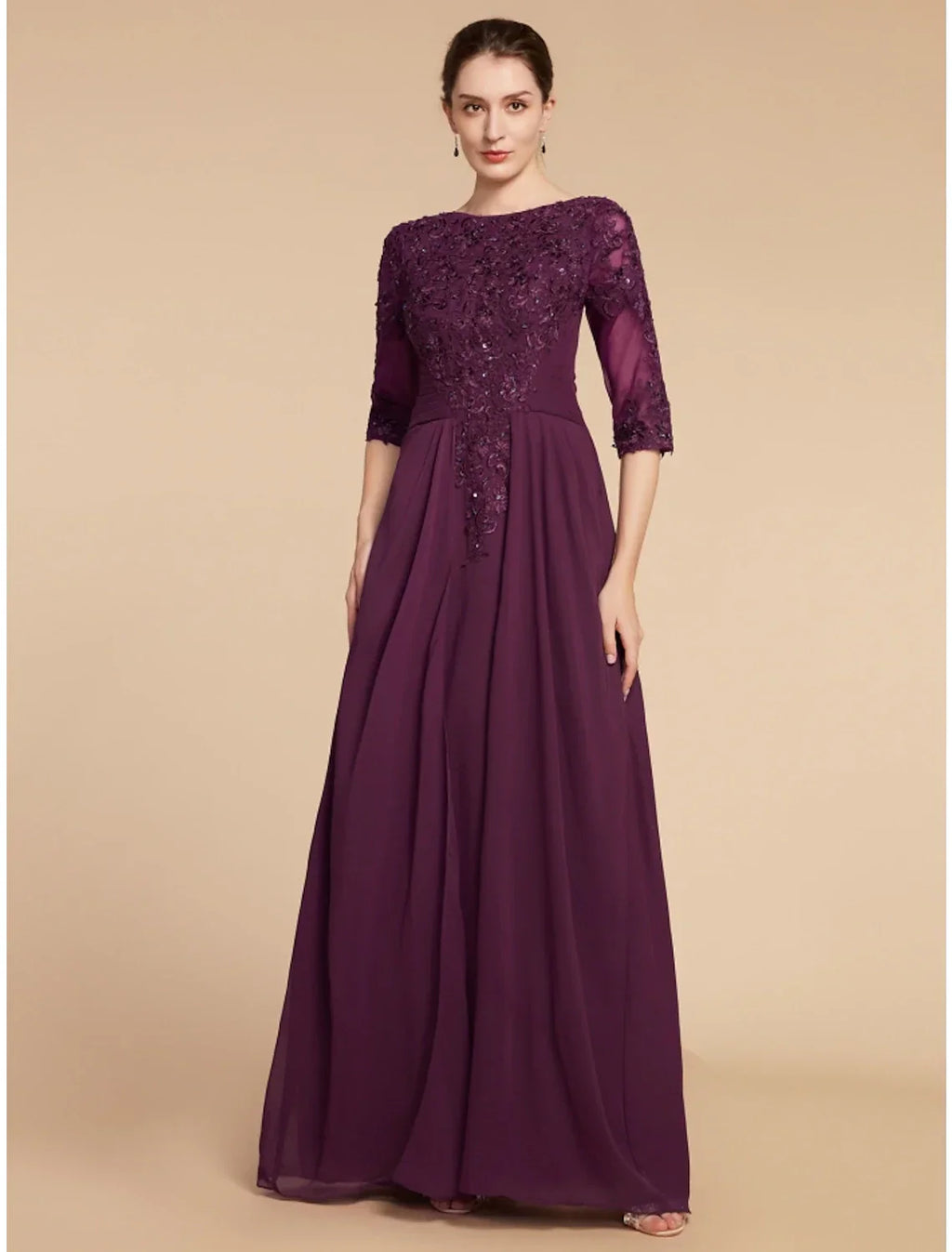 Sheath / Column Mother of the Bride Dress Wedding Guest Elegant Scoop Neck Floor Length Half Sleeve with Pleats
