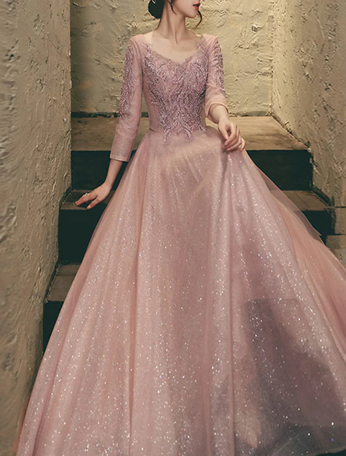 Sparkle & Shine Dress Wedding Guest Prom Floor Length 3/4 Length Sleeve V Neck with Appliques