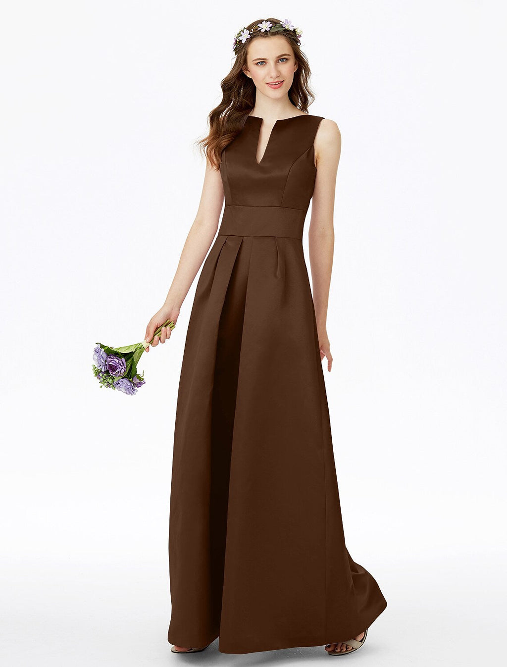 Bridesmaid Dress Notched Sleeveless Elegant Floor Length with Pleats Pocket