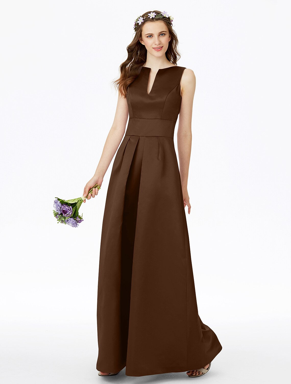 Bridesmaid Dress Notched Sleeveless Elegant Floor Length with Pleats Pocket