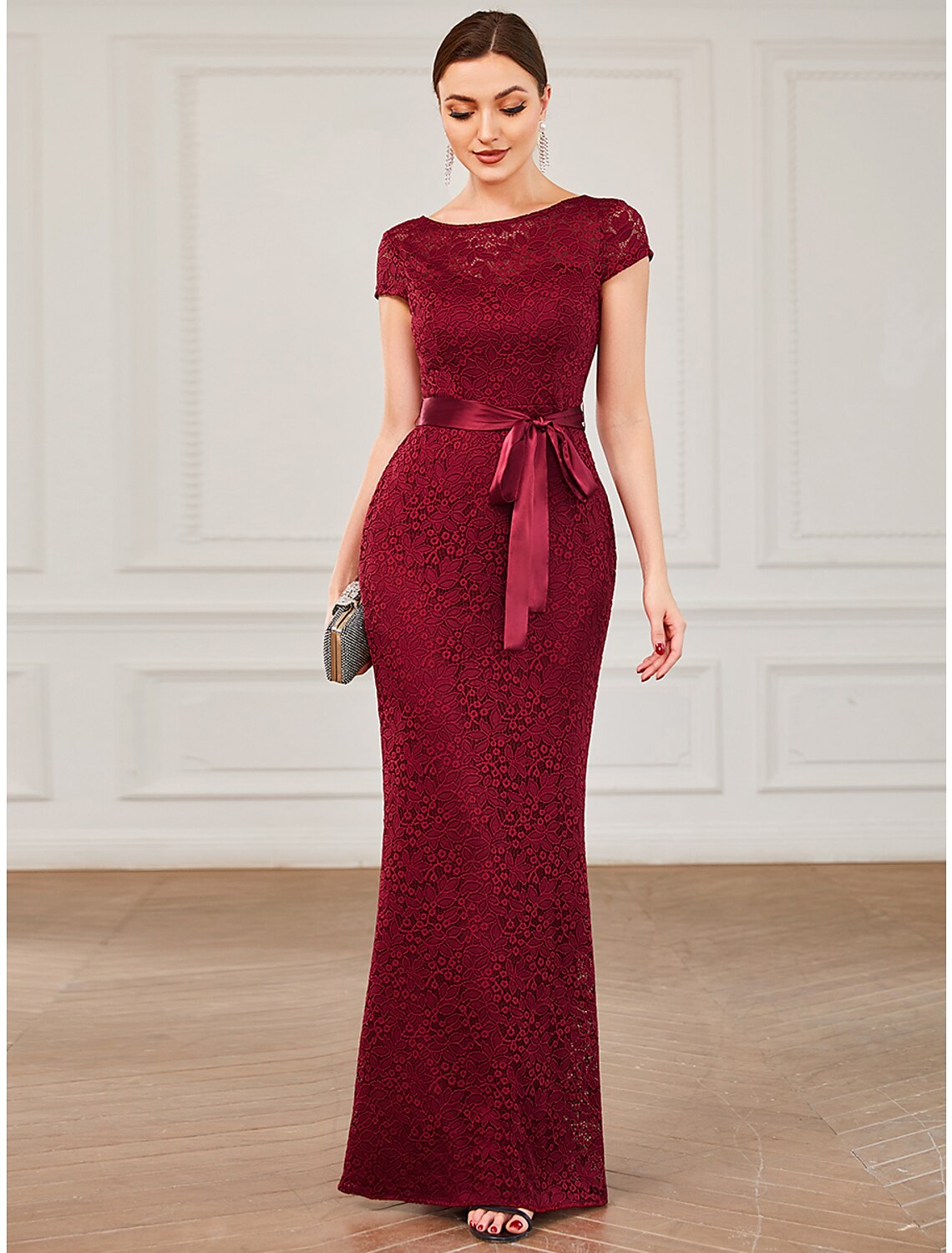Vintage Red Mermaid Classic-Neck Short-Sleeve Classic-Back Floor-Length Prom Dress