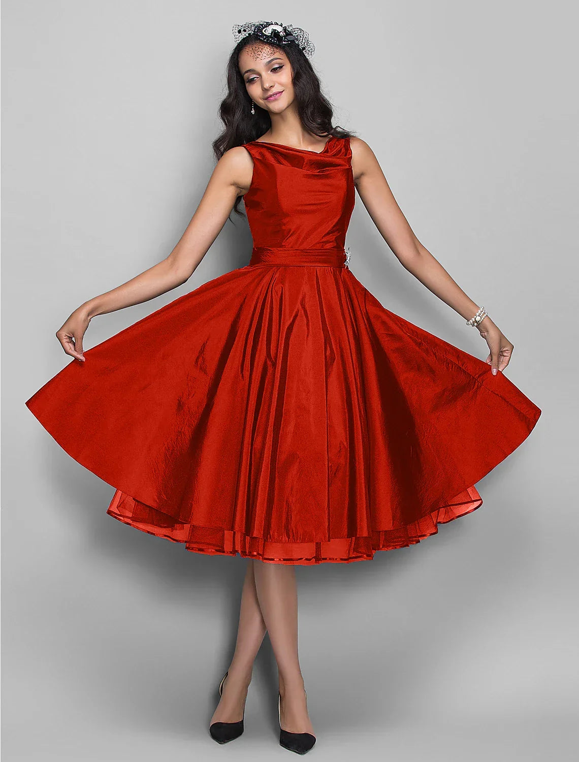 Cocktail Dresses Vintage Dress Halloween Wedding Guest Knee Length Sleeveless V Neck Taffeta with Pleats Crystals