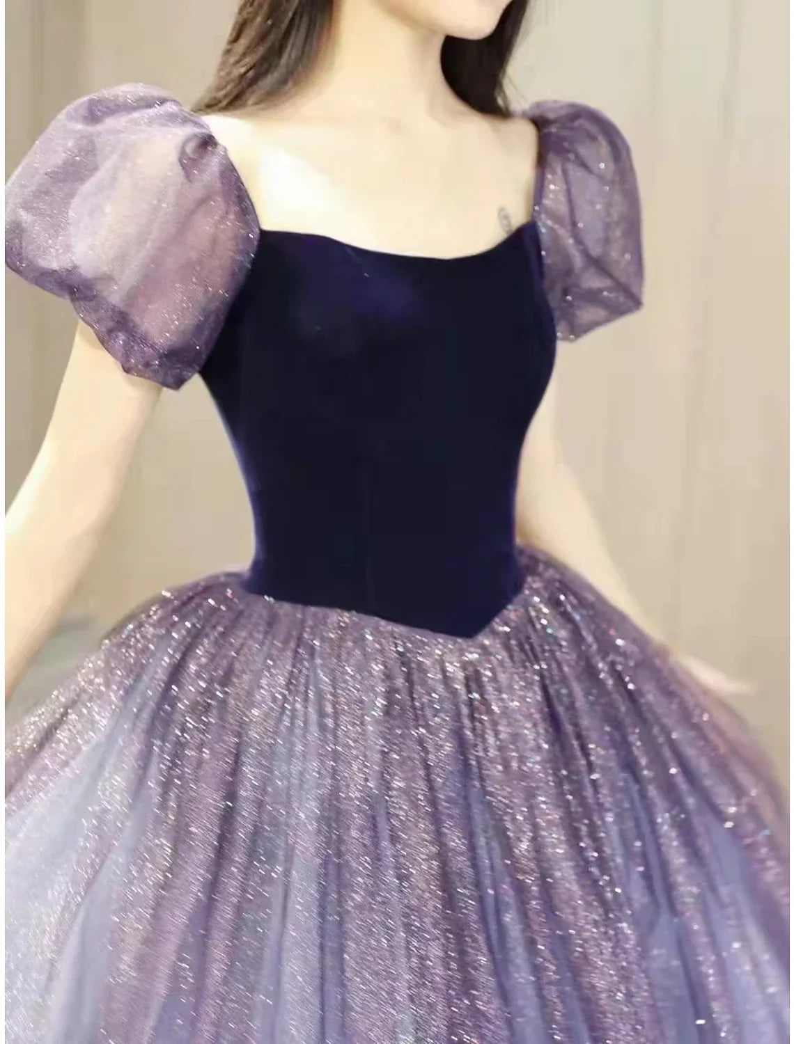 Ball Gown Prom Dresses Cute Dress Engagement Floor Length Short Sleeve Square Neck with Splicing