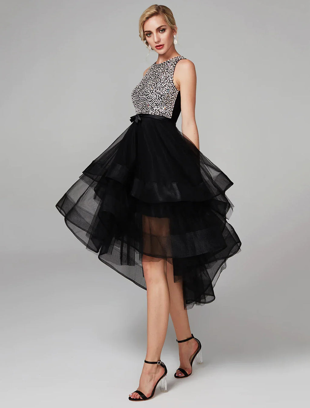 Knee Length Sleeveless Beading Cascading Ruffles