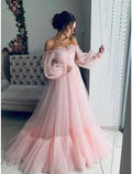 Engagement Prom Dress Off Shoulder Long Sleeve Floor Length Pleats Appliques