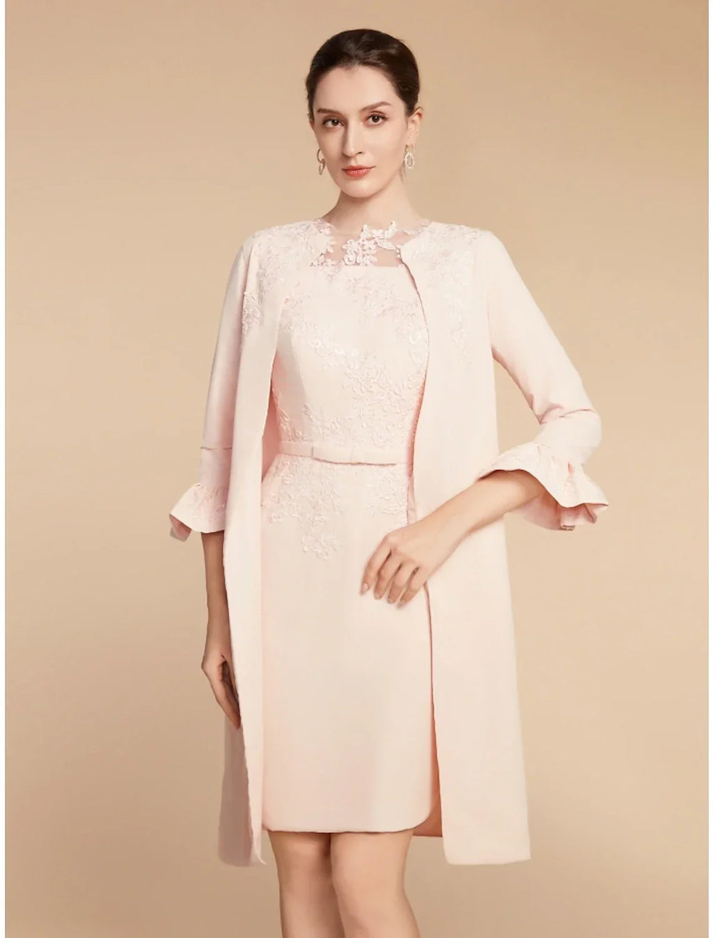 Two Piece A-Line Mother of the Bride Dress Wedding Guest Elegant Petite Jewel Neck Short / Mini Fabric 3/4 Length Sleeve with Bow(s) Ruffles Solid Color