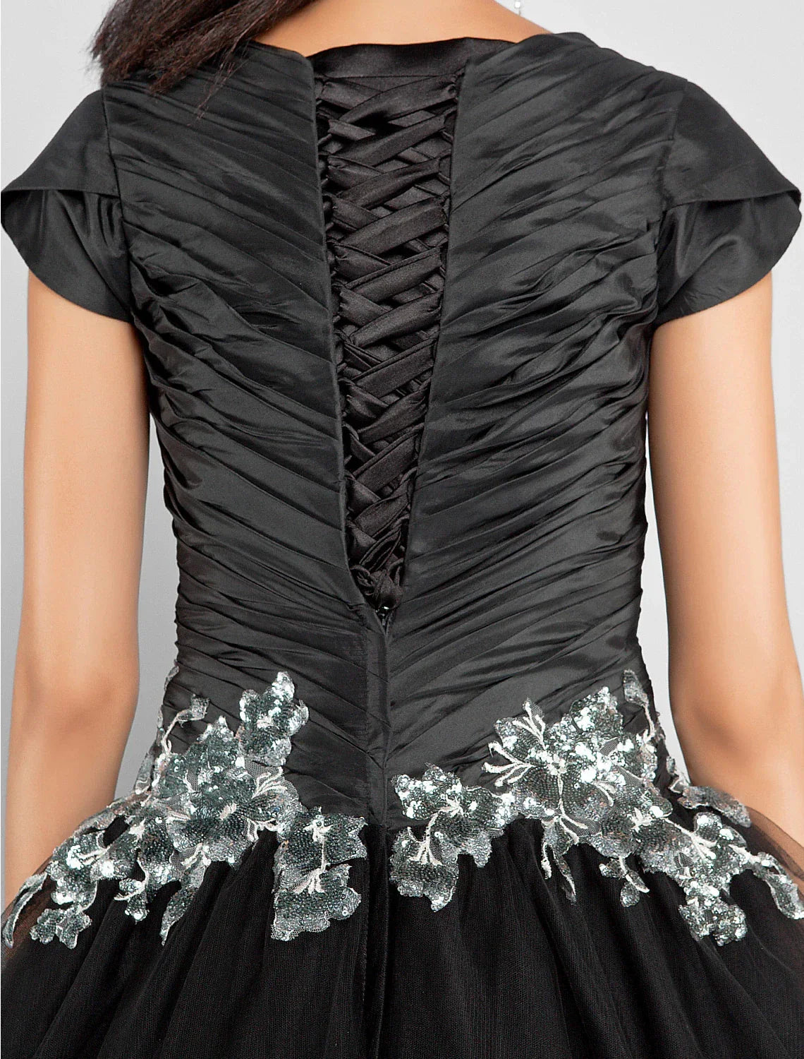Black Ball Gown Little Dress Dress Prom Formal Evening Ankle Length Short Sleeve Jewel Neck Taffeta with Appliques Side Draping