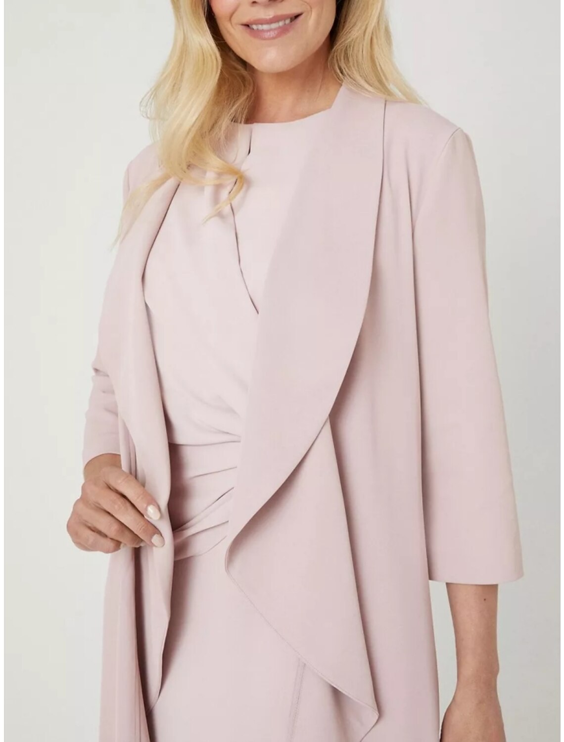Two Piece Mother of the Bride Dress Wedding Guest Elegant Petite Jewel Neck Knee Length 3/4 Length Sleeve with Split Front Ruching Solid Color