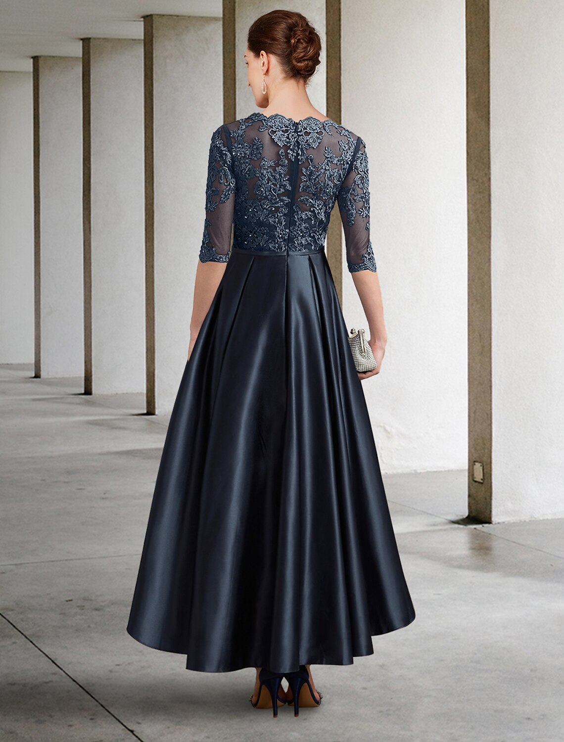 Mother of the Bride Dress Formal Wedding Guest Elegant Jewel Neck Asymmetrical Italy Half Sleeve with Pleats
