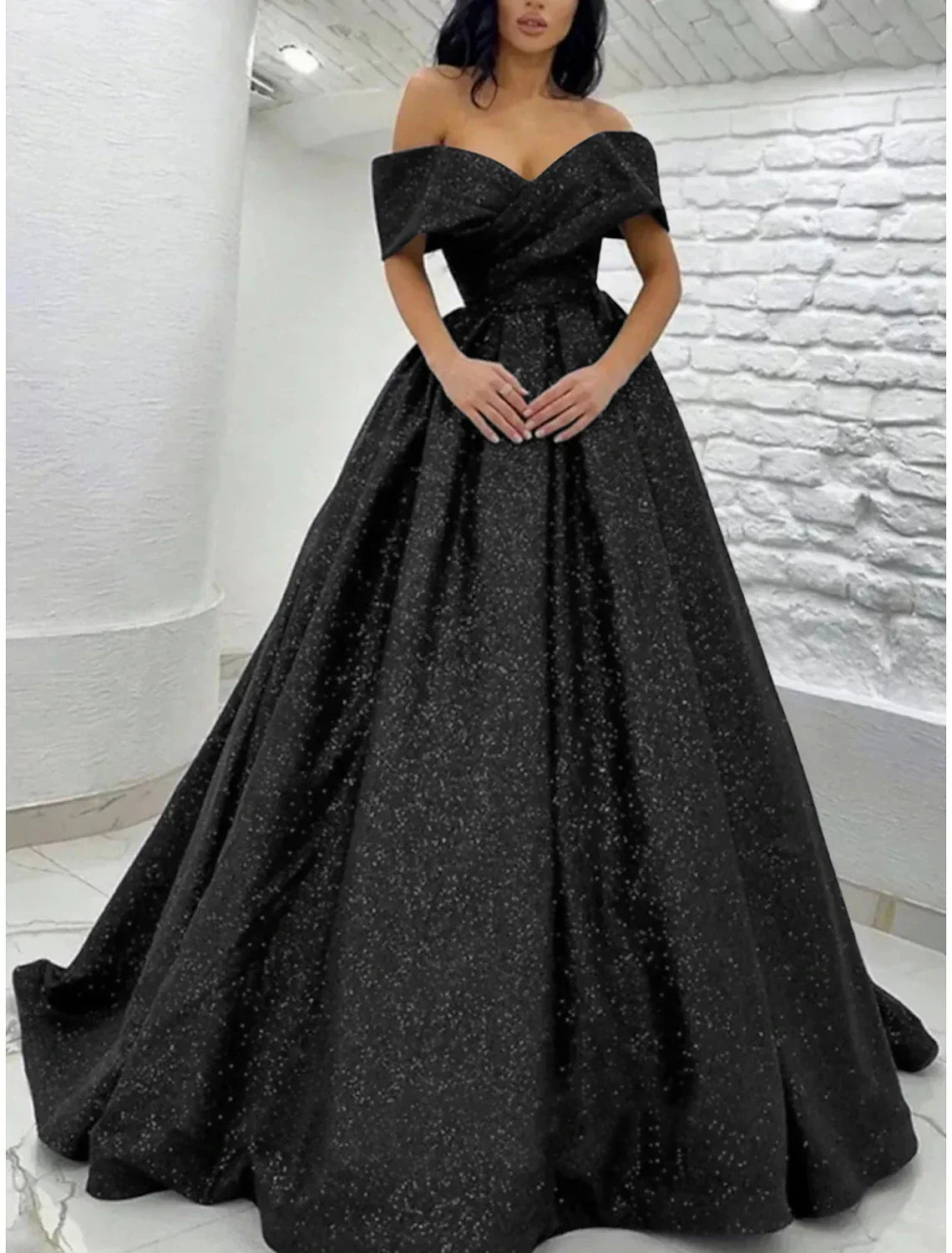 Black Sparkle Champagne Gold Dress Black Tie Carival Sweep / Brush Train Short Sleeve Off Shoulder with Glitter Pleats