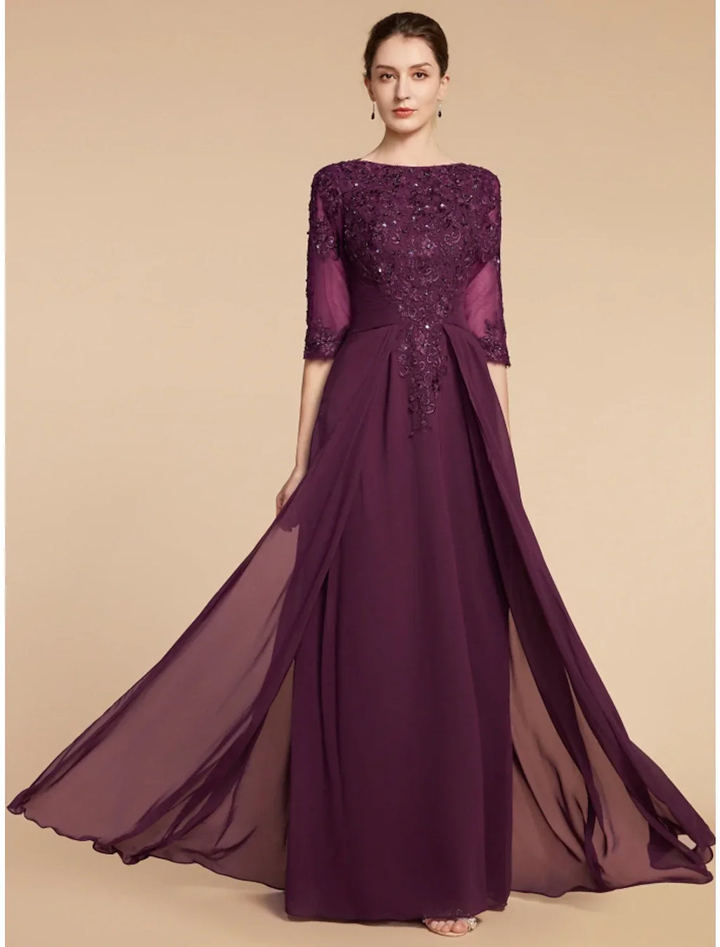 Sheath / Column Mother of the Bride Dress Wedding Guest Elegant Scoop Neck Floor Length Half Sleeve with Pleats