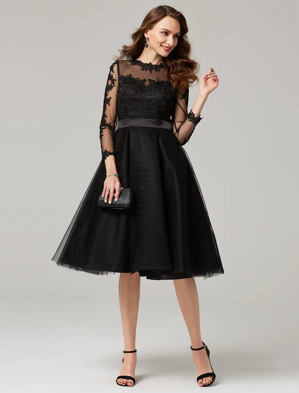 Wedding Guest Knee Length 3/4 Length Sleeve Illusion Neck Over with Appliques