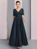 Mother of the Bride Dress Formal Wedding Guest Elegant Vintage V Neck Ankle Length Short Sleeve with Pleats Ruched Appliques
