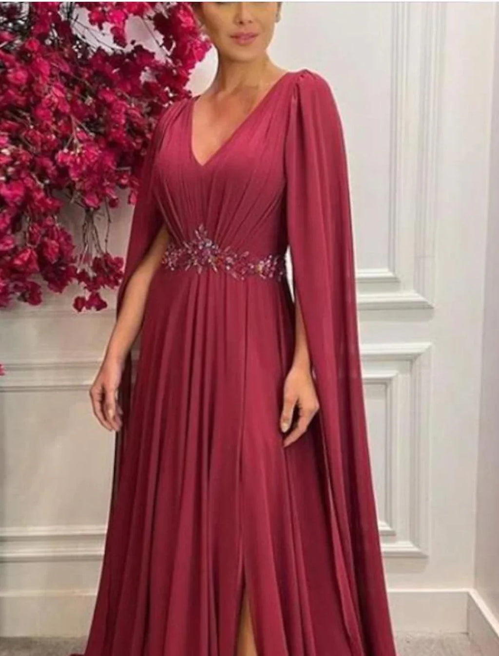 Mother of the Bride Dress Formal Wedding Guest Elegant V Neck Sweep / Brush Train Sleeveless with Pleats Split Front Crystal Brooch
