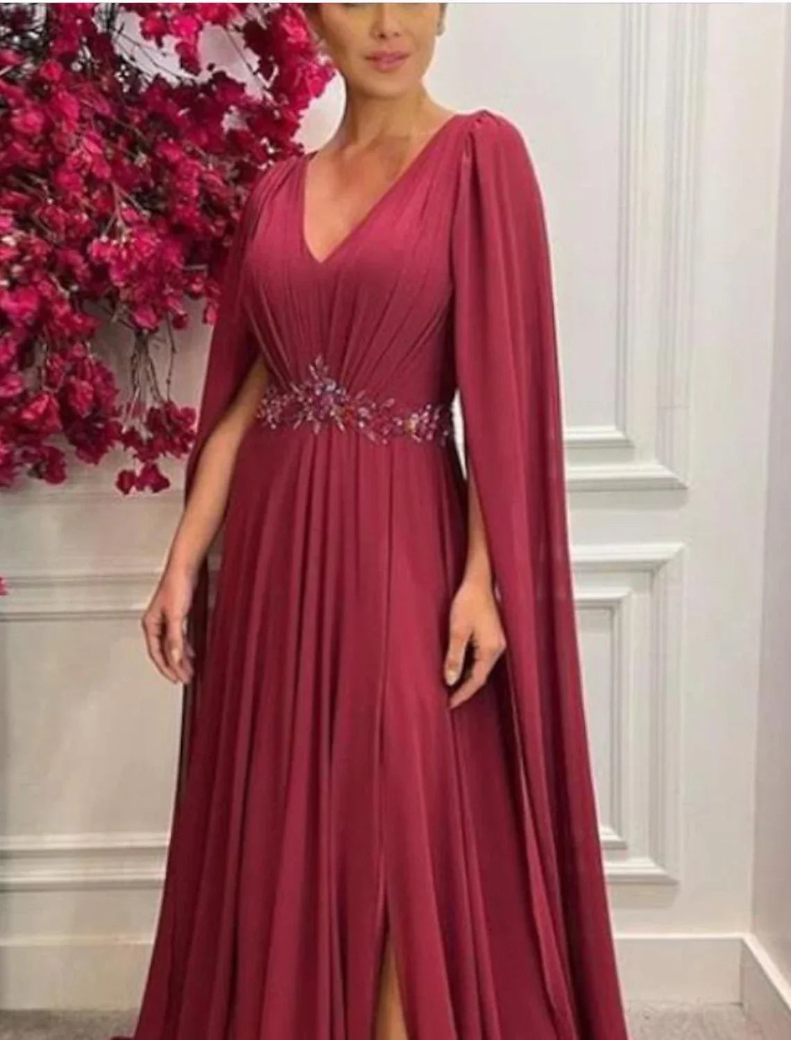 Mother of the Bride Dress Formal Wedding Guest Elegant V Neck Sweep / Brush Train Sleeveless with Pleats Split Front Crystal Brooch
