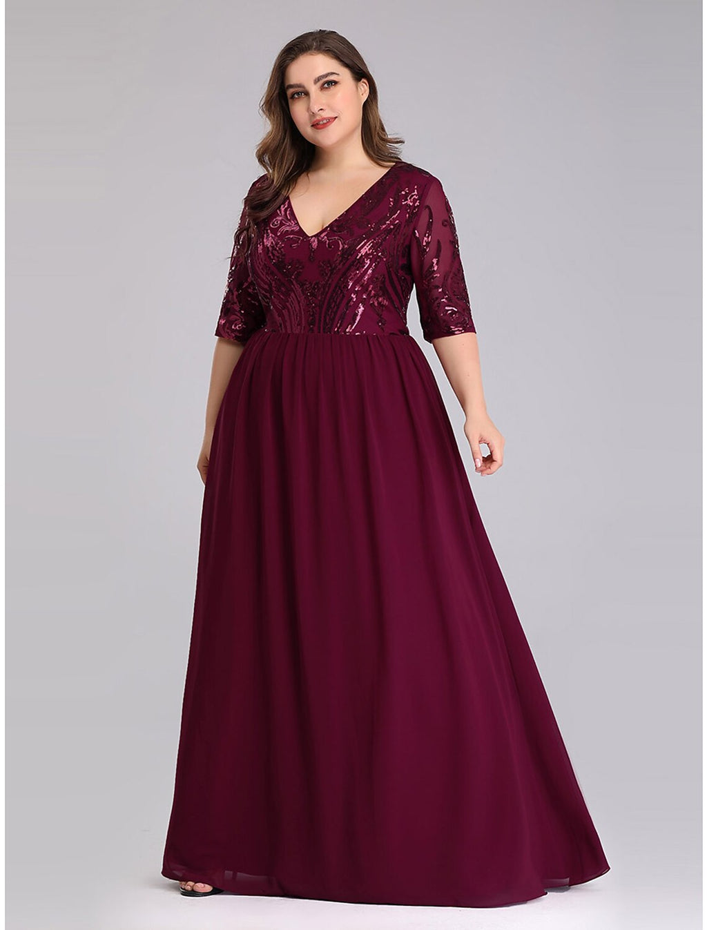 Plus Size Dress Wedding Guest Floor Length Half Sleeve Plunging Neck