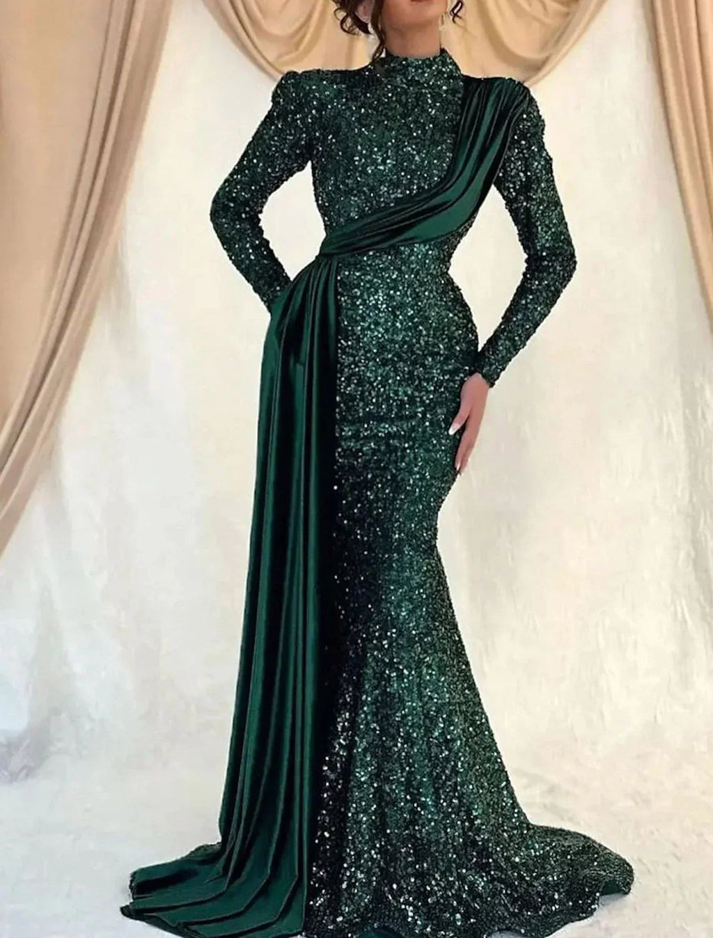 Mermaid / Trumpet Evening Gown Sparkle Dress Wedding Guest Prom Sweep / Brush Train Long Sleeve High Neck with Ruched