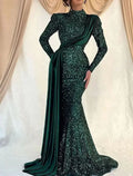 Mermaid / Trumpet Evening Gown Sparkle Dress Wedding Guest Prom Sweep / Brush Train Long Sleeve High Neck with Ruched