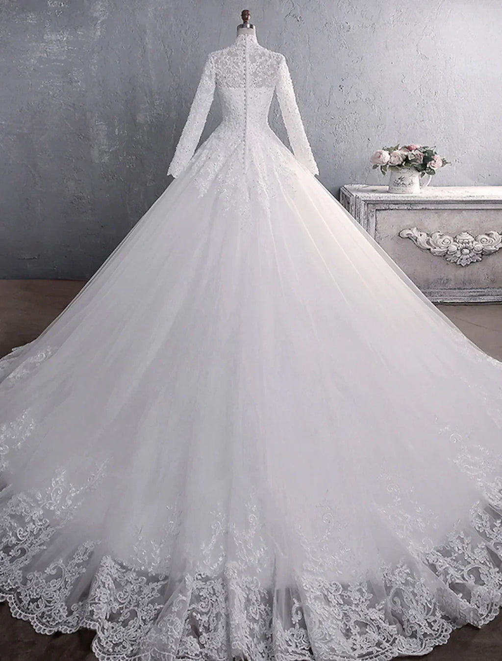 Engagement Formal Wedding Dresses Princess Long Sleeve High Neck Appliques
