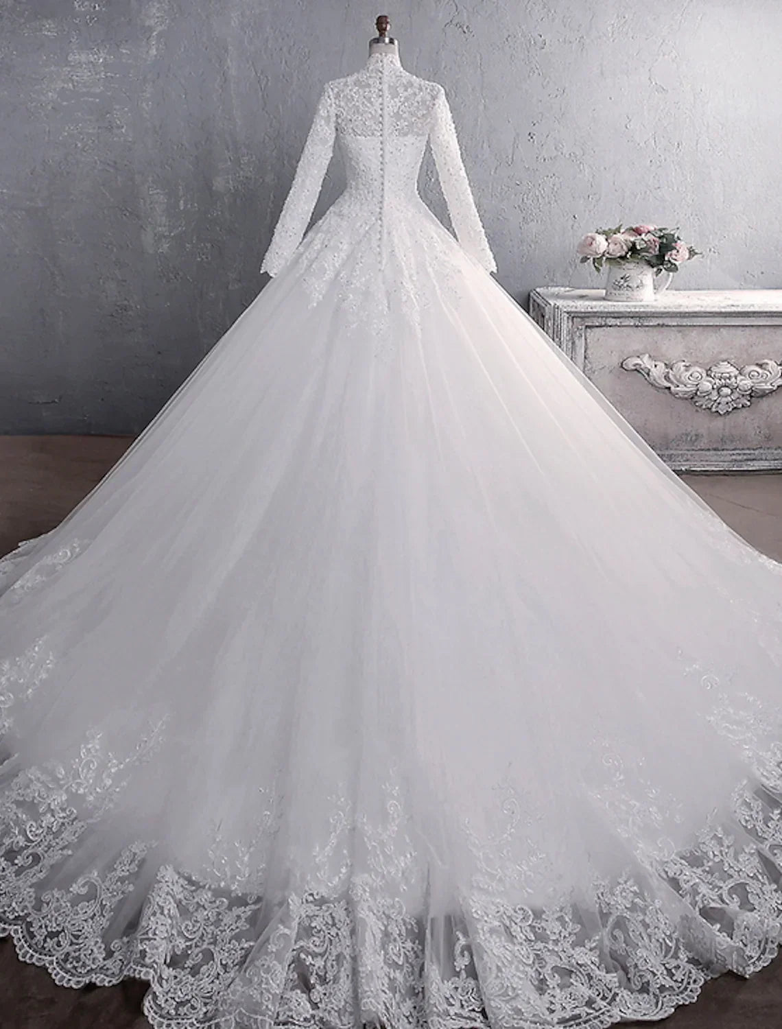 Engagement Formal Wedding Dresses Princess Long Sleeve High Neck Appliques