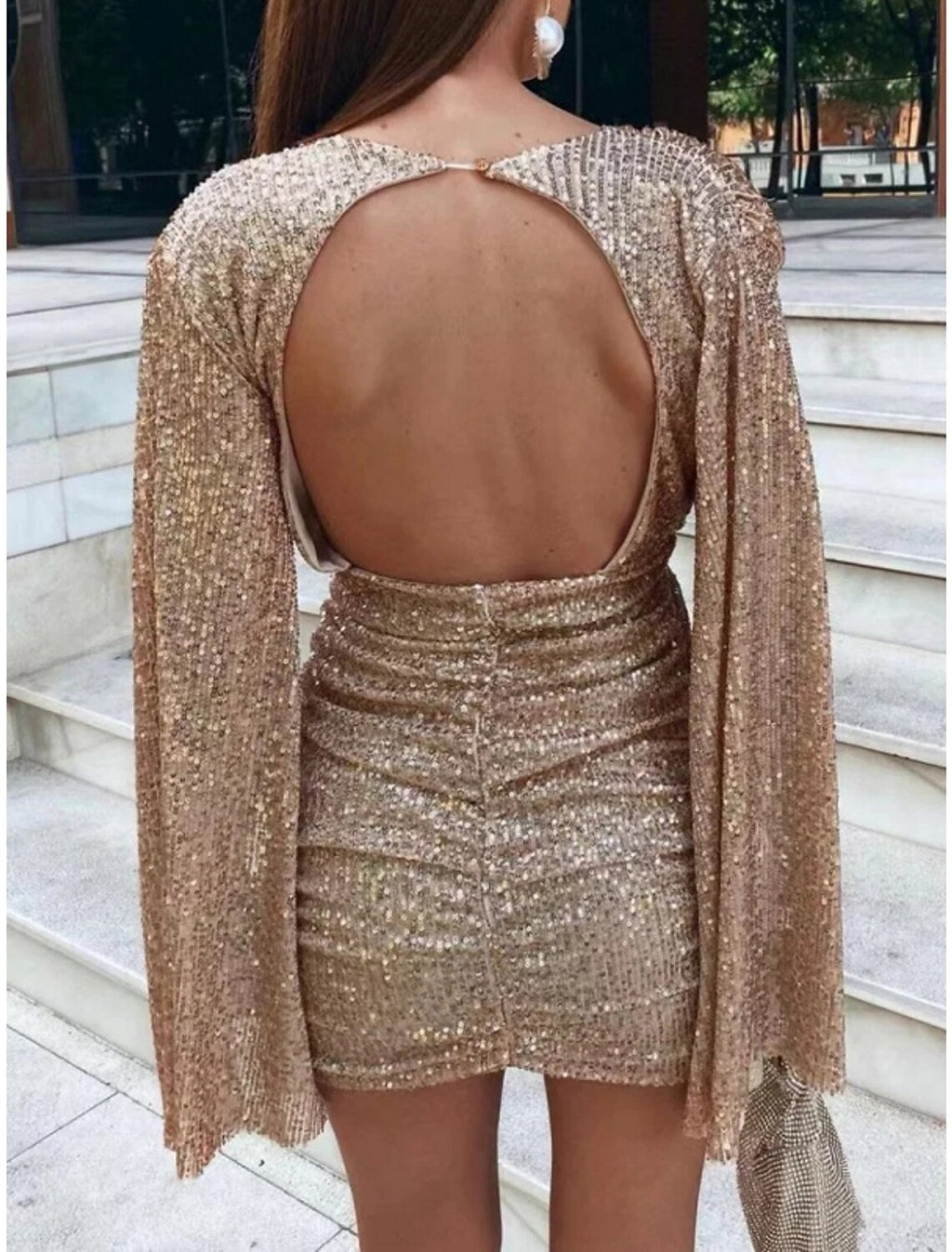 Sheath / Column Party Dresses Backless Dress Party Wear Short / Mini Long Sleeve V Neck Backless with Glitter Ruched