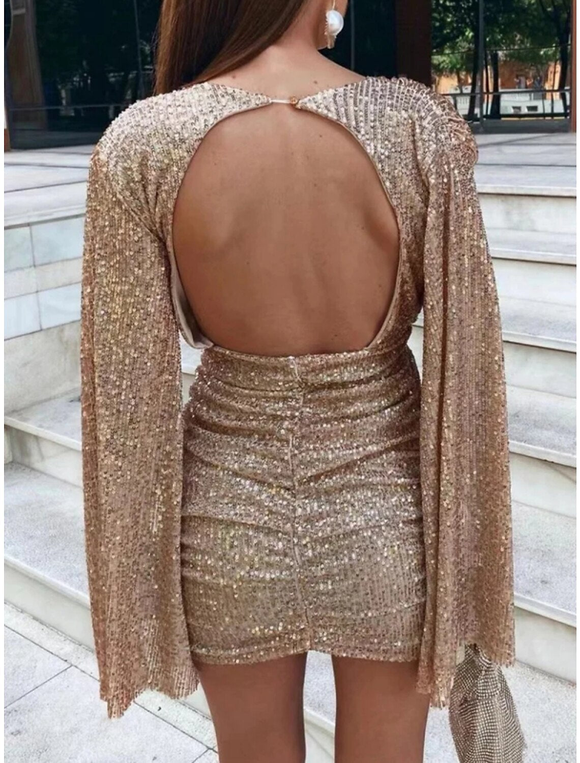 Sheath / Column Party Dresses Backless Dress Party Wear Short / Mini Long Sleeve V Neck Backless with Glitter Ruched